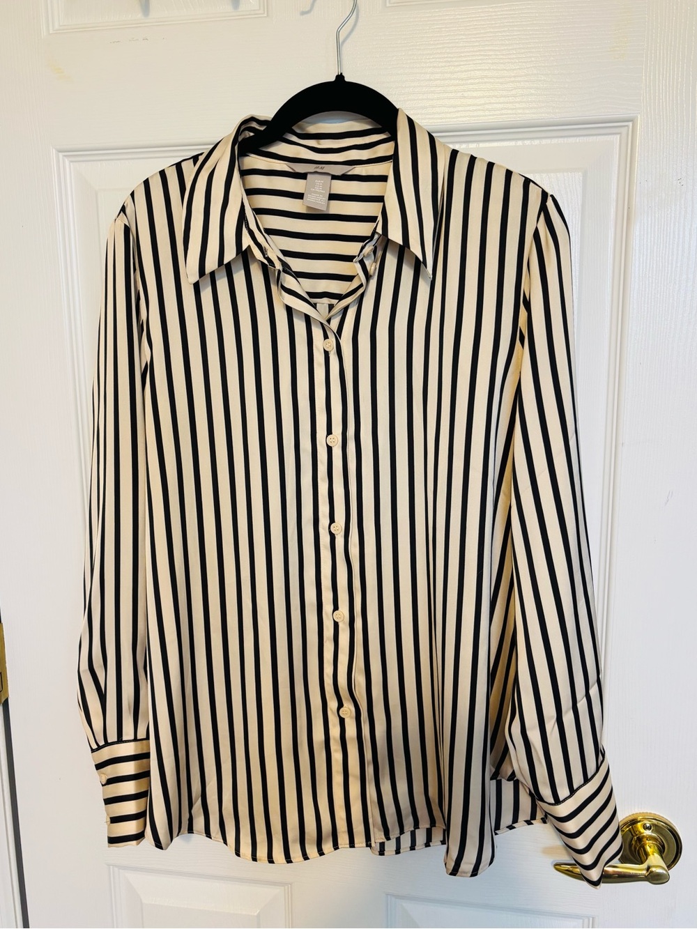H&M Black and White Vertical Stripe Satin Button-Up Blouse